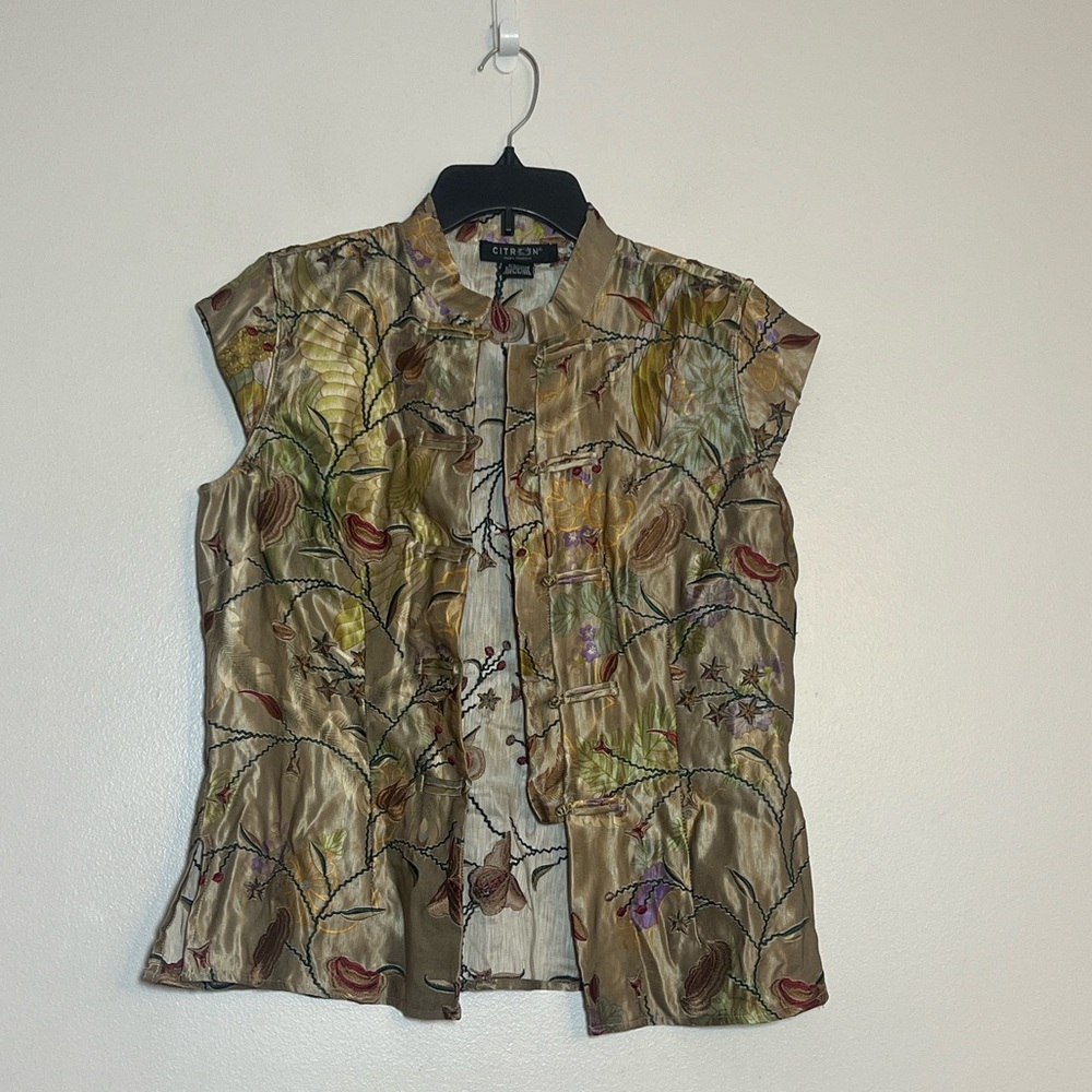 Citron Vintage Y2K Asian Oriental Embroidered Cap Sleeve Vest Medium